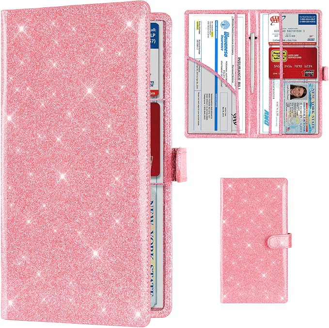TOURSUIT Car Registration and Insurance Card Holder, Glitter Pink | Vehicle License Document Organizer, Glove Box Compartment, Interior Car Accessories, For Women Men