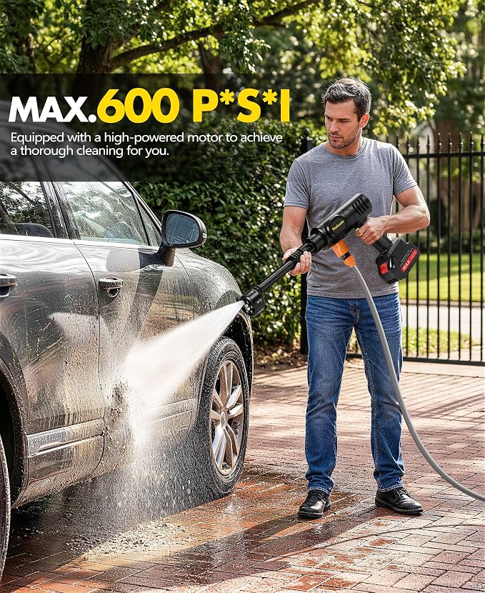 PoolLeader Cordless Car Cleaning Tool with 6-in-1 Nozzle & Foam Cannon | Lightweight Portable Design, Battery Operated Cordless Car Wash Spray, Handheld Wash Machine for Car, Patio, Home - Yellow