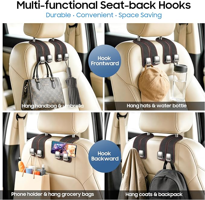 Amooca Car Headrest Hooks, Premium Suede with Metal Car Seat Back Storage Hooks for Handbag Coats Umbrella Backpack - 4 Pack, Black