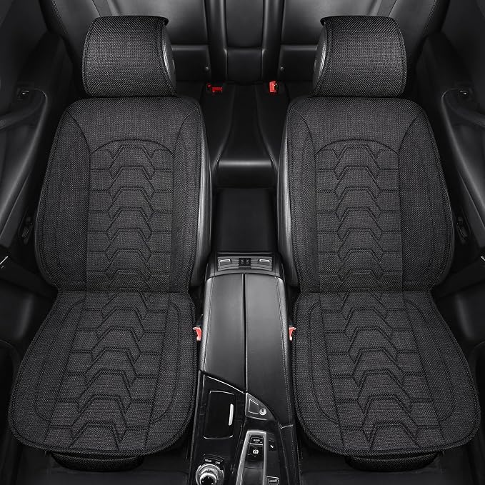 Linen car Seat Covers Breathable Cloth Fabric Seat Protector Front seat Covers Universal Fit for 95% Automotive, Car, Van, SUV, Trucks（Black，2PCS）