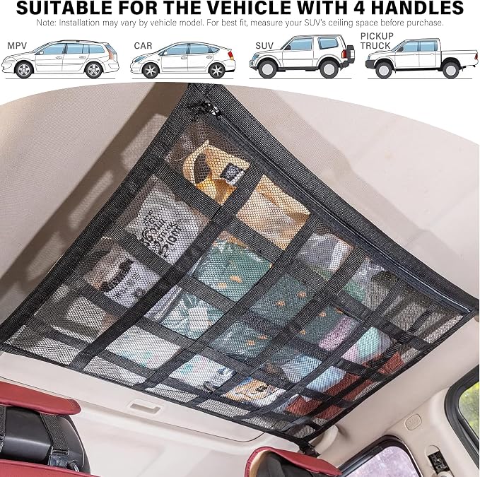 Car Ceiling Cargo Net, 35.5"x25.6", Double Layer Car Roof Storage Organizer, Truck Netting, SUV Van Interior Accessories, Cars Camping Essentials