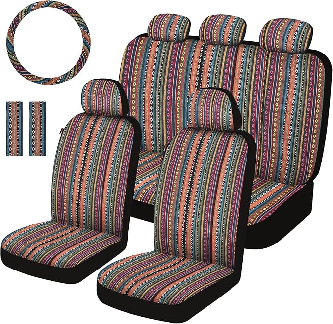 Baja Saddle Blanket Car Seat Covers Full Set with Seat Belt Pads and Steering Wheel Cover, Washable Breathable Striped Woven Cloth Seat Covers for Cars, SUV, Truck, Large Size(Orange)