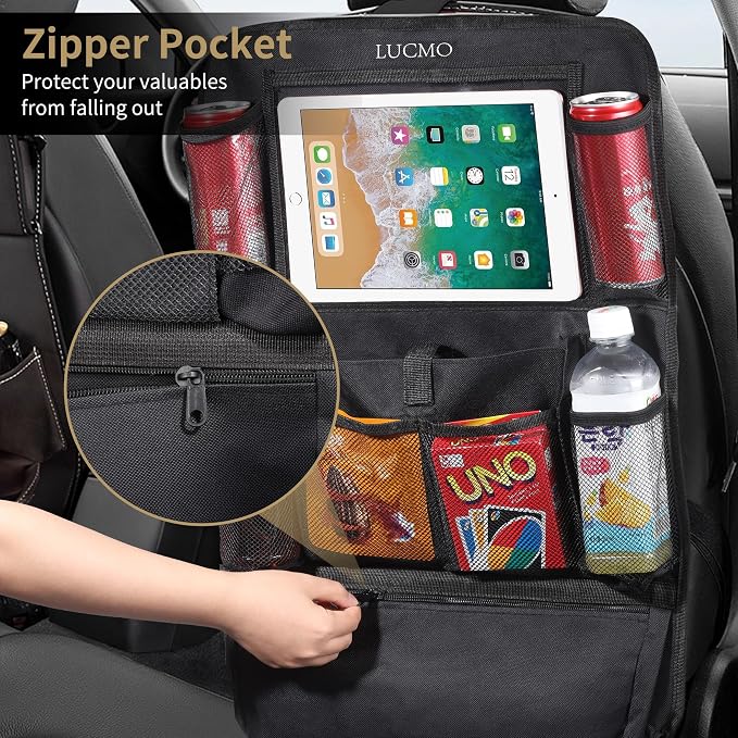 LUCMO Car Backseat Organizer with Touch Screen Tablet Holder, Black | 2 Pcs,9 Storage Pockets,Clear Tablet Holder,Protectors Kick Mats,Travel Accessories,Seat Cover,Road Trip Essentials