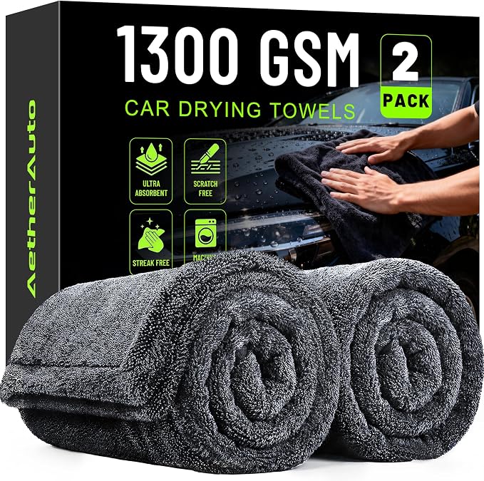 1300GSM Car Drying Towels: 2-Pack Super Absorbent Microfiber Drying Towels Car Detailing (36" x 24") – Zero Streaks, No Scratches, Water Spot Free – Twist Pile & Edgeless Design