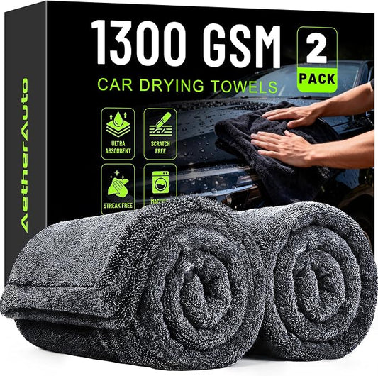 1300GSM Car Drying Towels: 2-Pack Super Absorbent Microfiber Drying Towels Car Detailing (36" x 24") – Zero Streaks, No Scratches, Water Spot Free – Twist Pile & Edgeless Design