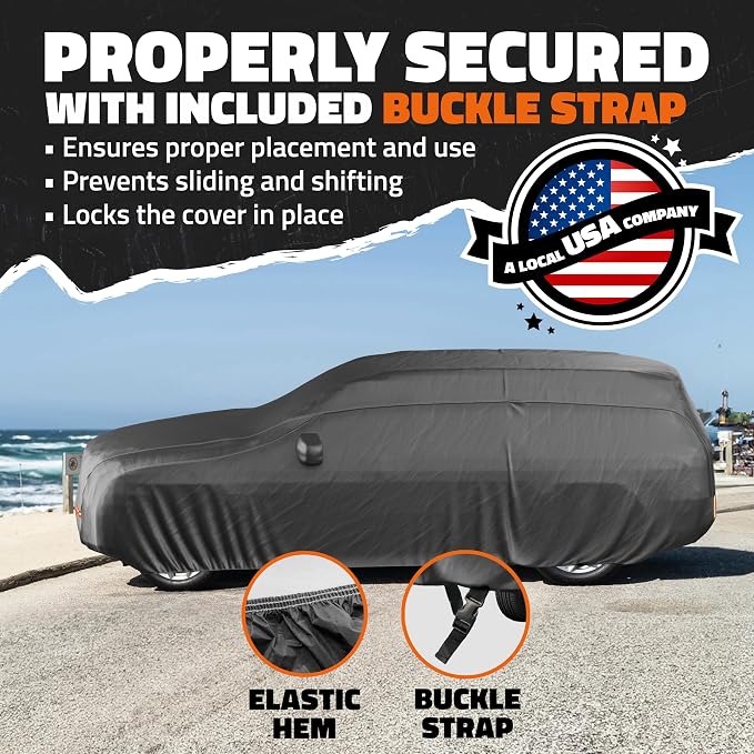 Mockins 200"x75"x57" SUV Car Cover Waterproof All Weather Heavy Duty Tarp | Dual-Layer 250G PVC & Soft Cotton Lining Full Exterior Covers | Windproof Large Car Cover for Snow & Rain with Buckle Strap