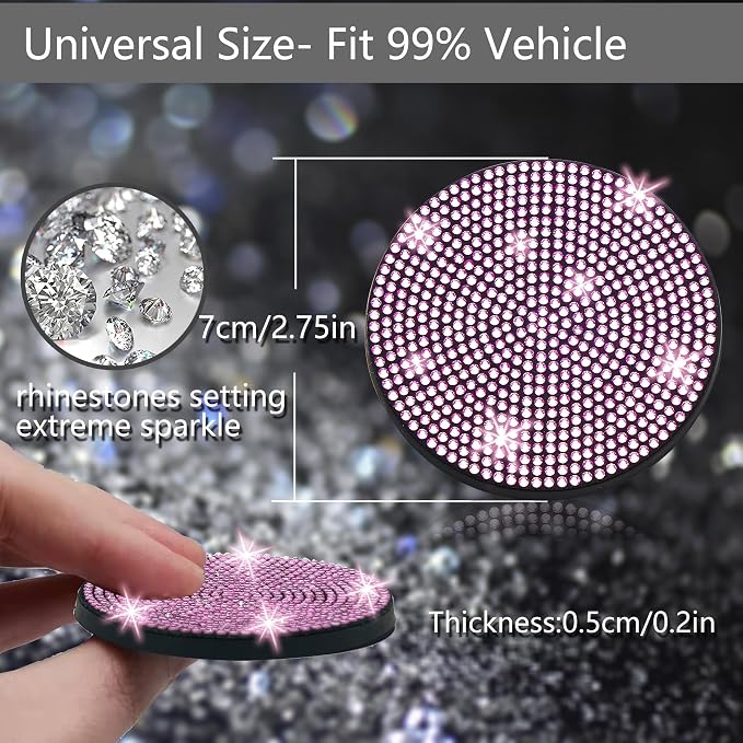 NBTEPEM 2pcs Bling Car Cup Holder Coaster, 2.75 inch Anti-Slip Shockproof Universal Fashion Car Coasters Insert Bling Crystal Rhinestone Automotive Interior Accessories for Women (2 pcs, Pink)