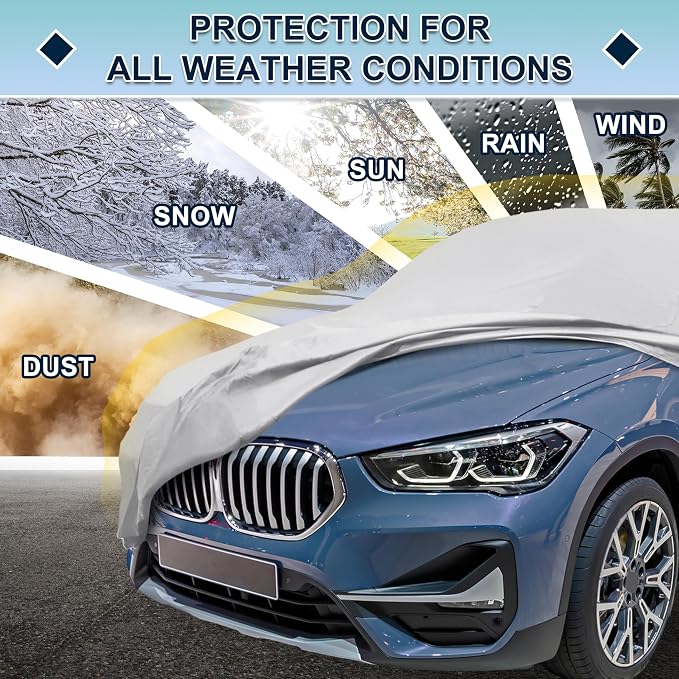 Silver Tone Heavy Duty Waterproof Car Cover for SUV 173"-179" - All-Weather UV Protected Outdoor Full Exterior Cover with Sun/Snow/Rain Resistance