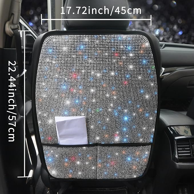 Bling Crystal Car Seat Back Kick Protectors with Storage, Sparkly Diamond Kick Mats, Universal Seat Protector for SUV and Automotive Crystal Auto Accessories for Women White 2pcs