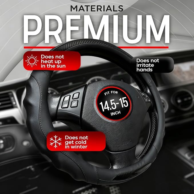 Leather Car Steering Wheel Cover, 14.5-15Inch Anti-Slip Steering Wheel Cover, Universal for Cars Truck SUV, Car Accessories (Black - Black line)