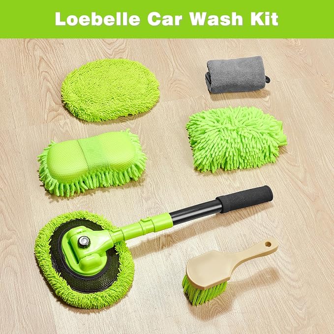 7-in-1 Car Wash Brush Kit with 15° Curved Long Handle for Cars | Car Cleaning Kit with 2 Replaceable Car Washing Mop, Wash Sponge, Mitt, Towel, Tire Brush for RV SUV Truck, Green