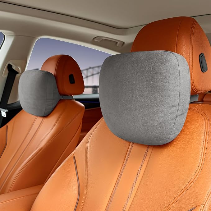 2pcs Car Neck Pillow for headrests,Support Drive Seats Head Cushion Pillows,Superfiber Suede,Plant-Based Polyester,Thickness & Height Adjustable,11.8x7.5,Inner Liner fillable(Grey)