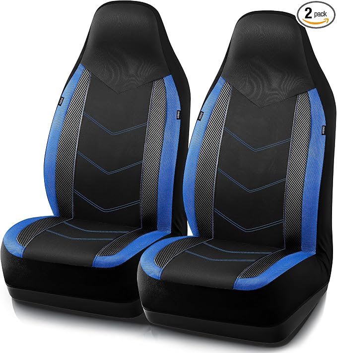 PIC AUTO Leather Car Seat Covers, Sports Carbon Fiber & Mesh Design, High-Back Two Front Set, Waterproof Automotive Seat Covers, Airbag Compatible, Universal Fit for Most Cars (Black & Blue)