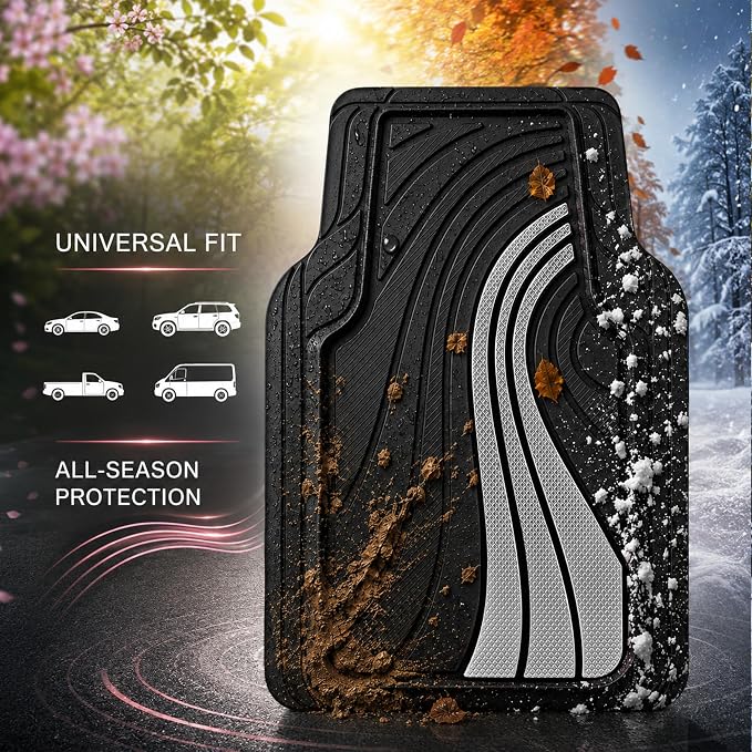 Road Comforts Car Floor Mats Full Set – Front & Rear Car Floor Mats with Aluminum Design, Anti-Slip Backing, All-Weather Protection, Trim-to-Fit Car Mats for Most Sedans, SUVs & Vans - Sliver