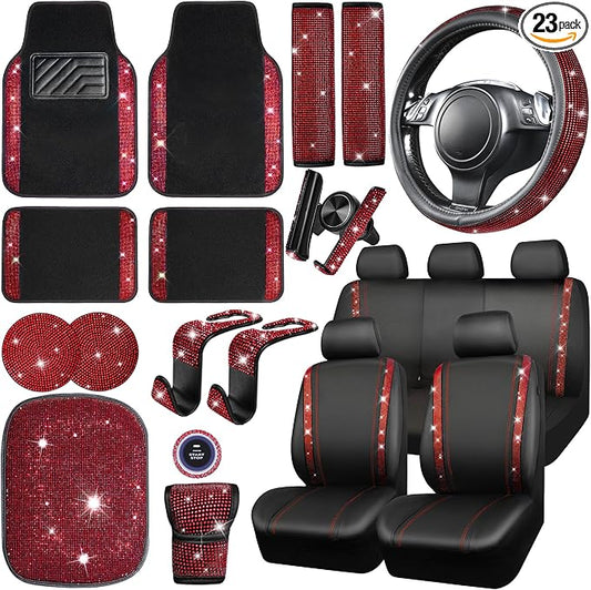 CAR PASS 23 PCS Bling Diamond Car Accessories Set for Women, Leather Car Seat Covers Full Set Sparkly Rhinestone15'' Steering Wheel Covers Shining Diamond Car Floor Mats Cute Car Interior Sets, Red