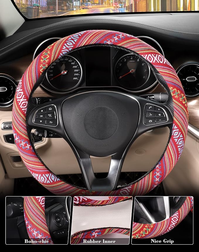 SEG Direct Boho Steering Wheel Cover, Baja Blanket Cloth, Coarse Flax | Bohemian Car Decor, Ethnic Style, Coarse Flax, Fabric Cover Fits 14 1/2-15 1/4 inches Standard Medium Size, for Women Men
