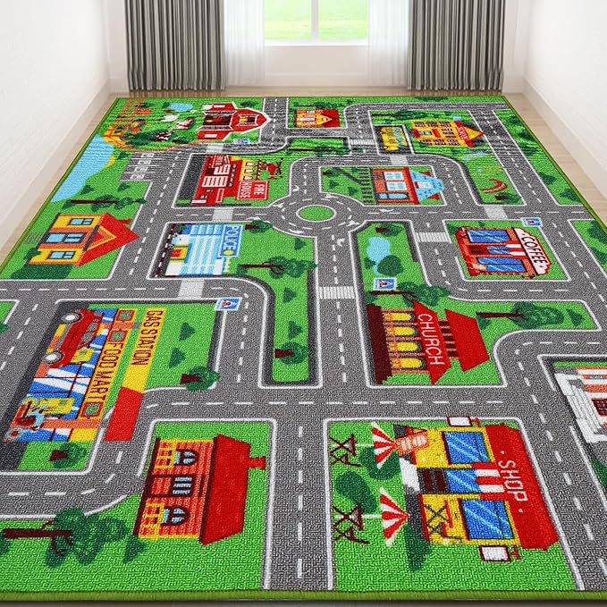 Kids Carpet Playmat Rug 118"x78.7", Car Rug for Kids Cars, Non-Slip Town City Road Map Kids Rugs for Playroom Bedroom Boys, Kids Cars Play Mat Track Road Rugs for Kid (118X78.7Inch,Green)