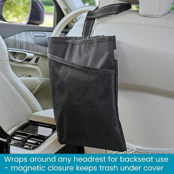 High Road Small Trash Can for Car and Auto Trash Bag for Car Front Seat | Hanging Car Trash Bag With Magnetic Closure and Front Storage Pocket - Holds a Gallon of Wet or Dry Car Garbage
