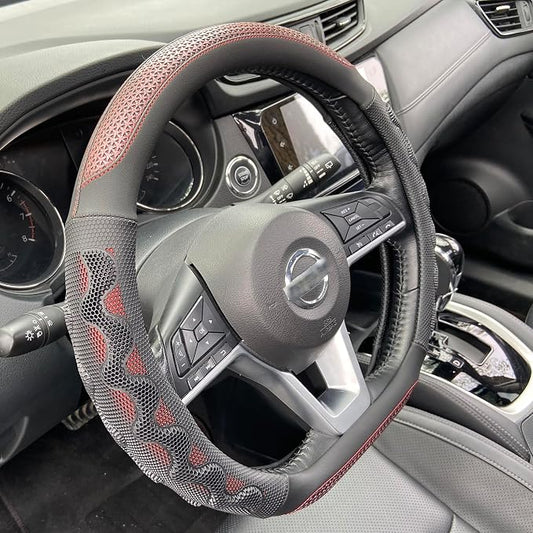 PINCTROT D Shaped 14.5-15 Inch Steering Wheel Cover Great Grip with 3D Honeycomb Anti-Slip Design, Flat Bottom 14.5-15 Inch (Wine Red)