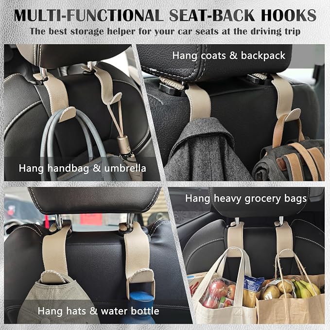 Amooca Car Seat Headrest Hook Universal Vehicle Storage Hanger Leather with Metal Car Seat Back Organizer for Handbag Purse Coat Beige 4 Pack