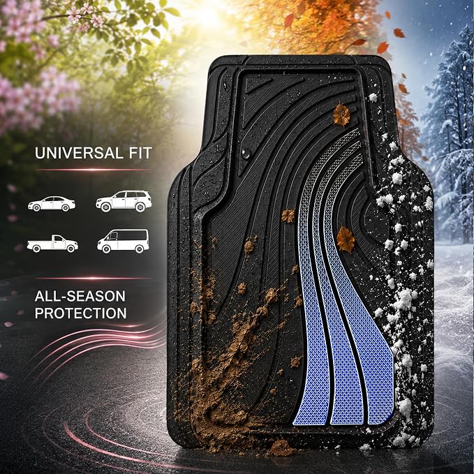 Road Comforts Car Floor Mats Full Set – Front & Rear Car Floor Mats with Aluminum Design, Anti-Slip Backing, All-Weather Protection, Trim-to-Fit Car Mats for Most Sedans, SUVs & Vans - - Blue