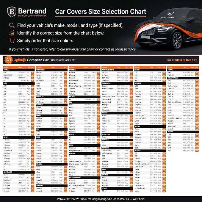 BERTRAND Heavy Duty Sedan Car Cover Waterproof All Weather - Snow, Rain & UV Outdoor Protection | Cotton-Lined, Up to 8-Point Anchoring + Door Zipper | Compact Sedans, Black-Orange (179x69, A1)