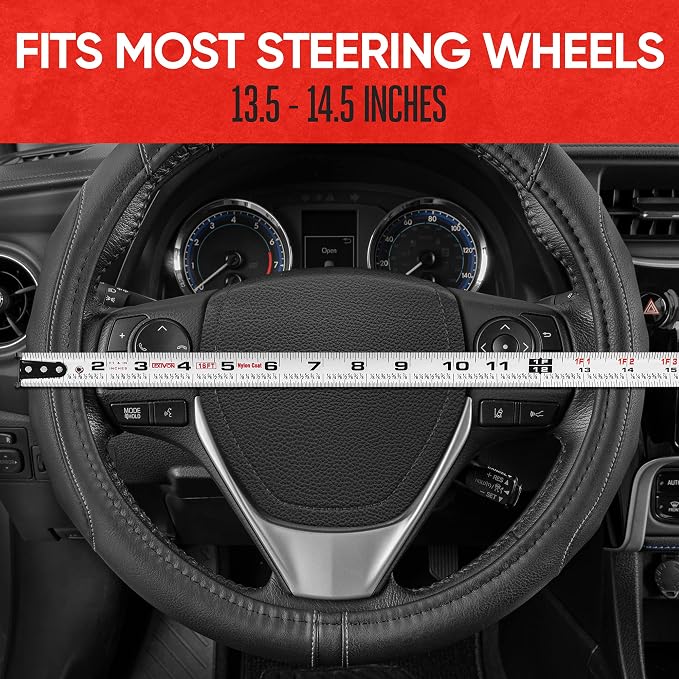 Motor Trend GripDrive Faux Black Leather Steering Wheel Cover for Car Truck Van SUV, Standard 15 inch Size, Gray Accent Stitched Car Steering Wheel Cover Vehicle & Auto Accessories
