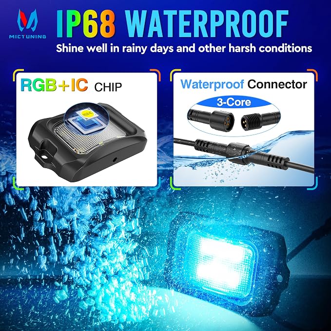 MICTUNING C2+ RGB+IC Chasing Color Ultra-Bright 12 Pods LED Rock Lights | Switch Wiring Kit, Extra Extensions, Aluminum Housing, IP68 Waterproof, Series/Parallel, Up to 24 Pods, Music Sync Mode