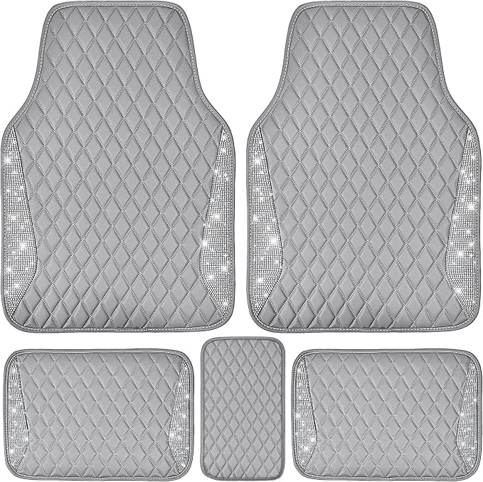CAR PASS Bling Diamond Car Mats Gray Leather Floor Mats Sparkly Glitter Crystal Shining Rhinestone Carpet Anti-Slip Waterproof Pad Universal Fit for Automotive SUV Sedan Van 5pcs for Girl Women Gray