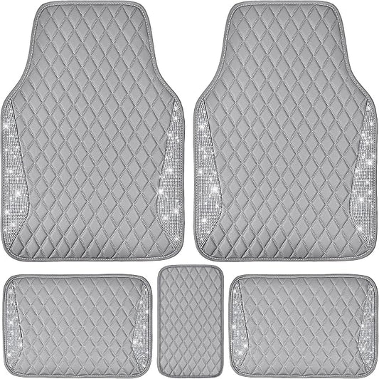 CAR PASS Bling Diamond Car Mats Gray Leather Floor Mats Sparkly Glitter Crystal Shining Rhinestone Carpet Anti-Slip Waterproof Pad Universal Fit for Automotive SUV Sedan Van 5pcs for Girl Women Gray
