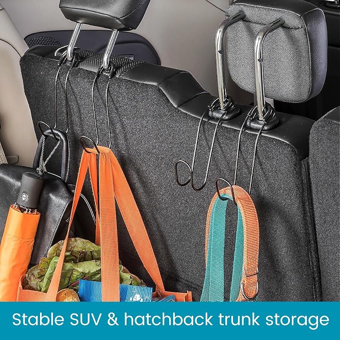 Metal Car Hooks for Purses and Bags - Large Hooks Won't Slip Off or Rattle | Set of 2 High Road Car Headrest Hooks Fit All Sized Metal Posts - Holds Multiple Bags, Wide Straps and Hard Hats