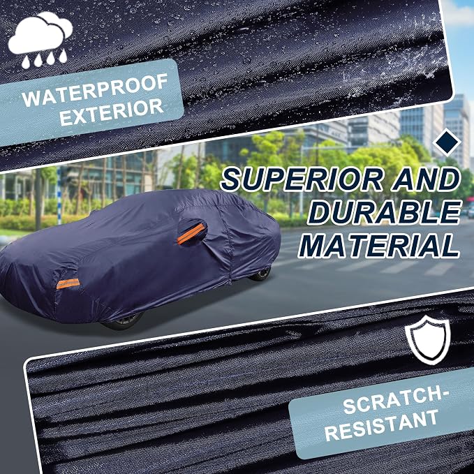Navy Blue Heavy Duty Waterproof Car Cover for Sedan 179"-185" - All-Weather UV Protected Outdoor Full Exterior Cover with Sun/Snow/Rain Resistance