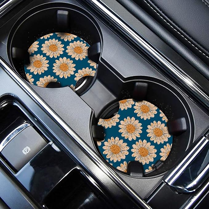 WOCOCN Car Coasters,Cup Holder Coasters for Car,2.75inch Anti Slip and Absorbent,Cute Automotive Interior Accessories for Cup Holder,Pack of 2 (White Daisy)