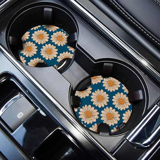WOCOCN Car Coasters,Cup Holder Coasters for Car,2.75inch Anti Slip and Absorbent,Cute Automotive Interior Accessories for Cup Holder,Pack of 2 (White Daisy)