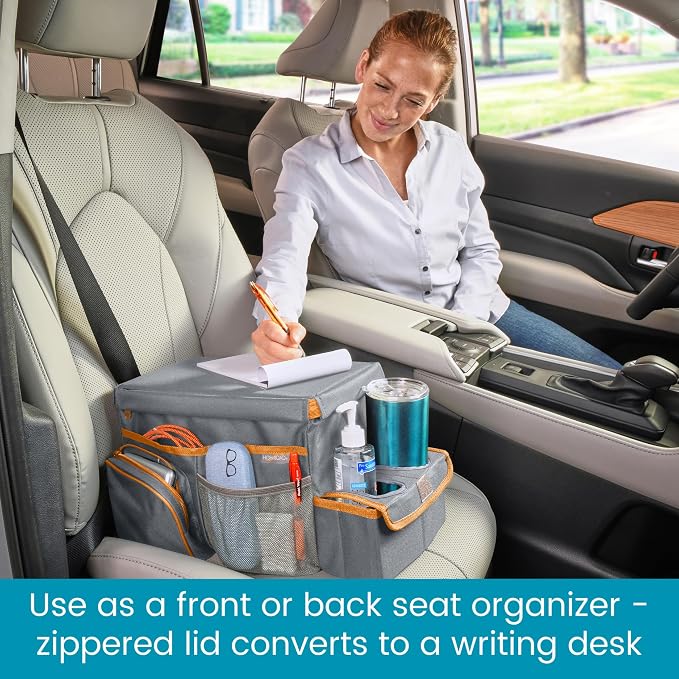 High Road CarHop Car Caddy Organizer with Tray, Trip Cooler and Cup Holder | Middle Seat Organizer for Kids Toys and Snacks in the Backseat and Passenger Seat Car Snack Organizer for Drivers