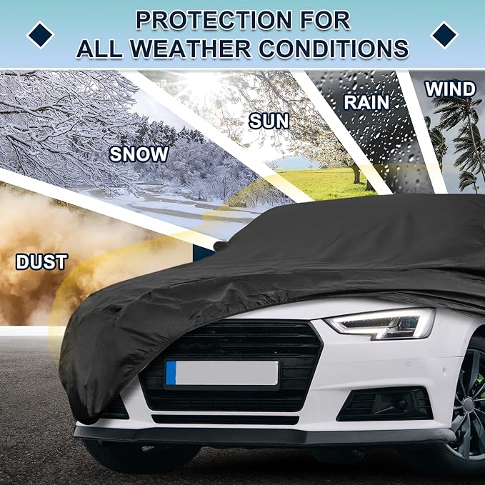 Black Heavy Duty Waterproof Car Cover for Sedan 185"-191" - All-Weather UV Protected Outdoor Full Exterior Cover with Sun/Snow/Rain Resistance