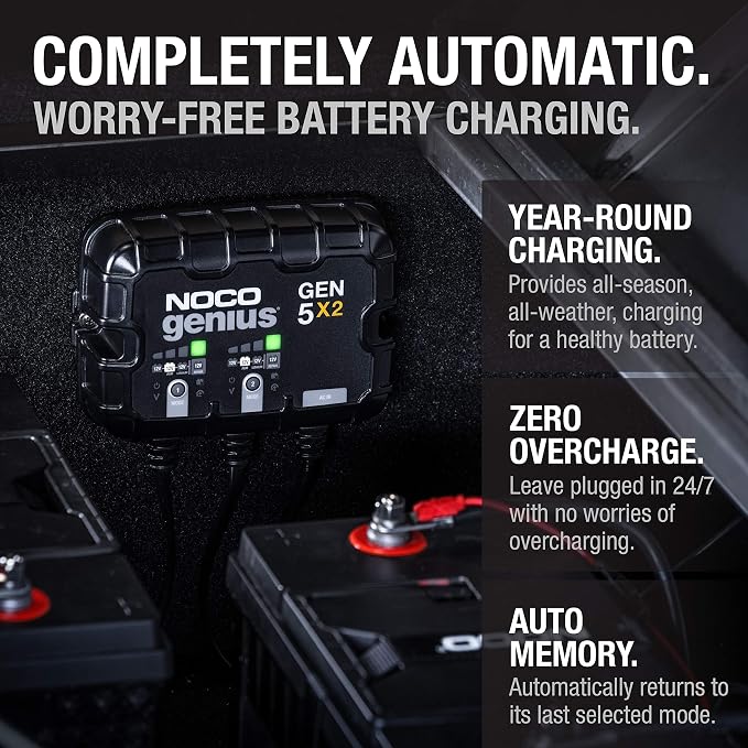 NOCO Genius GEN5X2: 2-Bank, 10A Onboard Battery Charger - 5A Per Bank, 12V Waterproof Marine Charger with Overcharge Protection,Temperature Compensation, for Lead-Acid & Lithium Batteries (Pack of 4)