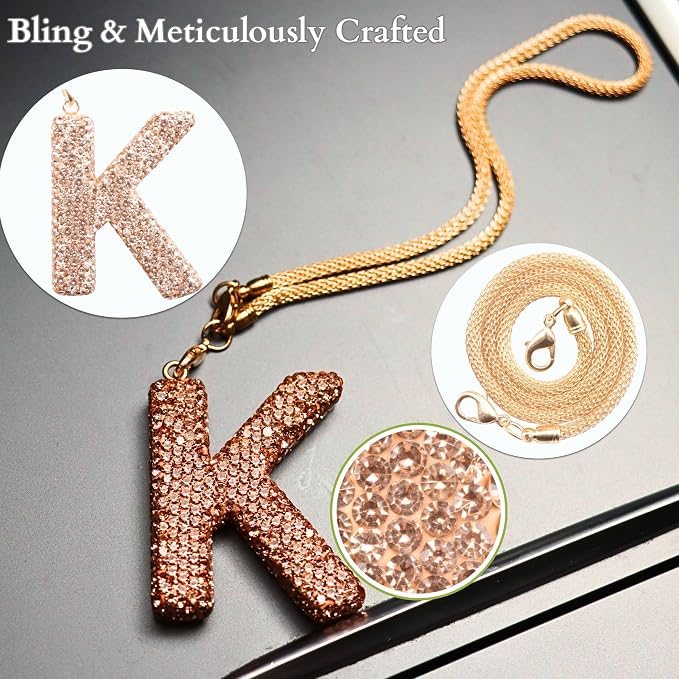Bling Car Accessories for Women Letter Charm, Rainbow Color Rear View Mirror Cute Crystal Pendant Car Decorations, Lucky Gifts Diamond Rhinestone Charm Interior (K, Champagne Gold)