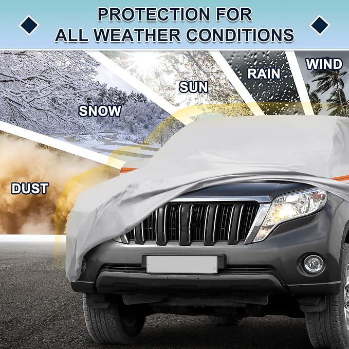Silver Tone Heavy Duty Waterproof Car Cover for SUV 191"-199" - All-Weather UV Protected Outdoor Full Exterior Cover with Sun/Snow/Rain Resistance