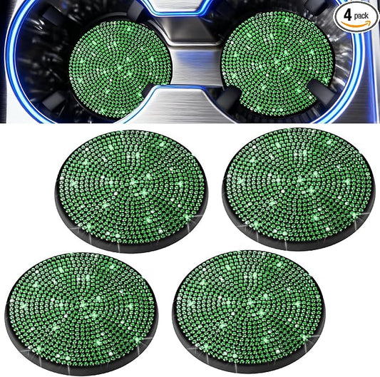 BFXM 4 PCS Bling Cup Holder Coaster, 2.75 inch Diamond Universal Non-Slip Silicone Cup Holder Coasters, Sparkly Bling Car Accessories for Women (Green)