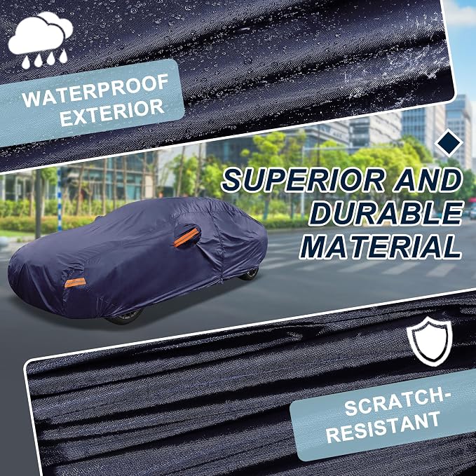Navy Blue Heavy Duty Waterproof Car Cover for Sedan 185"-191" - All-Weather UV Protected Outdoor Full Exterior Cover with Sun/Snow/Rain Resistance