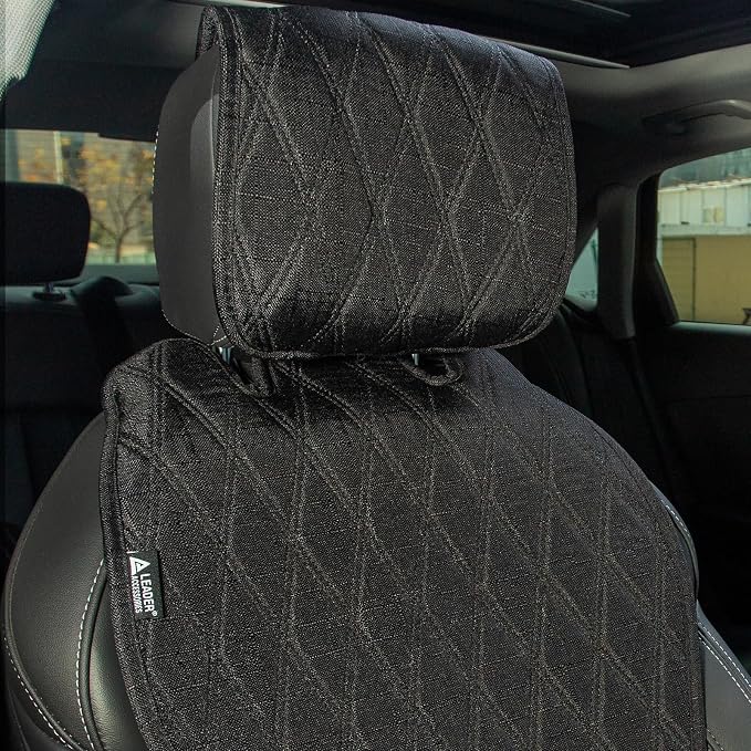Leader Accessories 2pcs Sideless Front Seat Covers for All Seasons, Black | Breathable Faux Linen Seat Cushions, Non-Slip Bottom With Headrest Protectors, Universal Fit For Car Van SUV Pickup Truck
