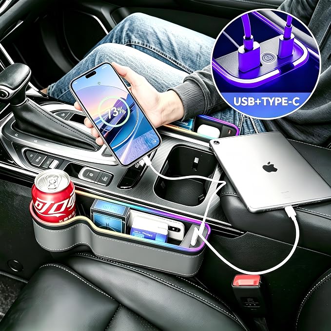7 Color Led Car Seat Gap Organizer with 56W Type C USB Charging | Multifunctional Front Seat Organizer with Cup Holder Console Organizer Seat Gap Filler with Vibe Lamp for Andriod iPhone Grey