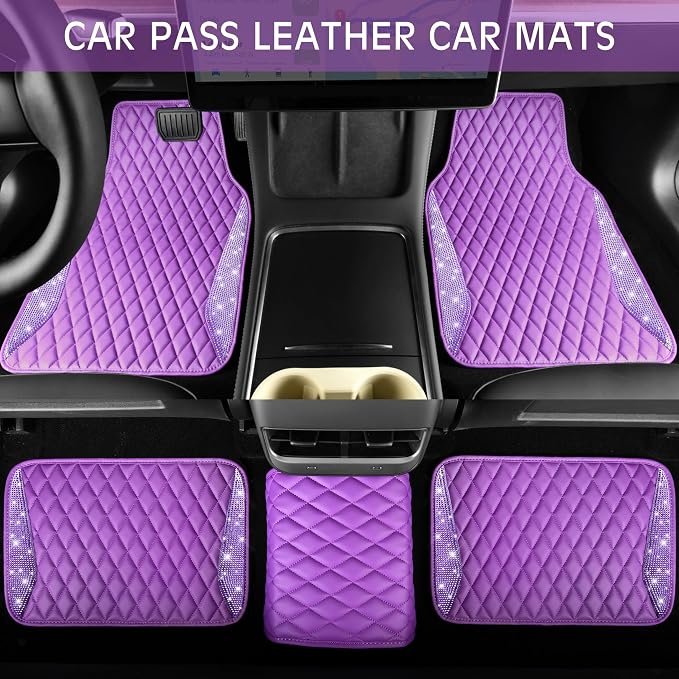 CAR PASS Bling Leather Car Mats Shining Diamond Floor Mats Crystal Rhinestone Sparkly Glitter Carpet Anti-Slip Waterproof Pad Universal Fit for Automotive SUV, Sedan, Van, 5pcs Girl Women, Purple
