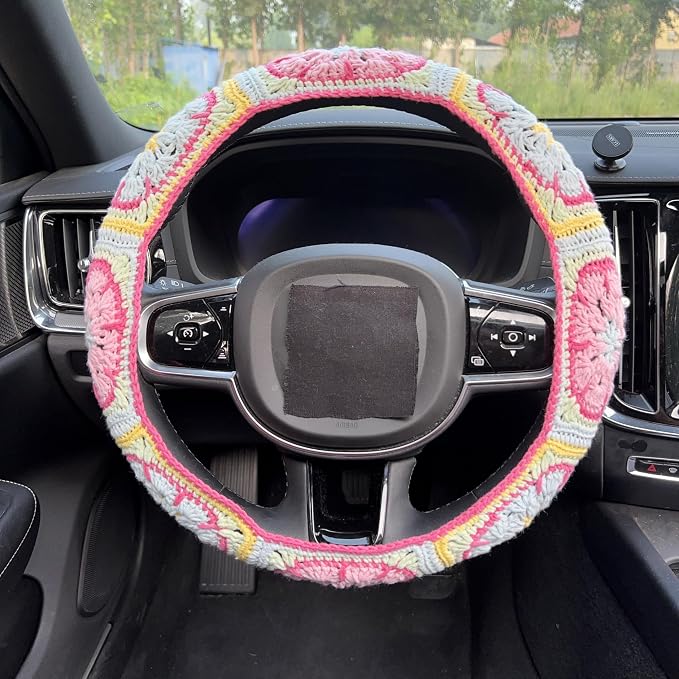 Handmade Crochet Pink Fower Granny Square Car Steering Wheel Covers Universal 14-15 inch for Women and Men (Steer Wheel Cover)