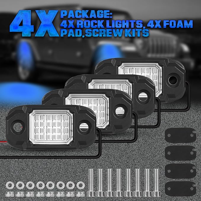 4 Pods Blue Rock Lights Underglow Light for Cars Trucks Trail Rig Lamp | 24 LED chips for each light, waterproof bottom chassis lights