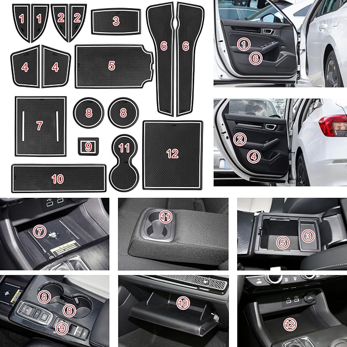 for Honda Civic Accessories 2022 2023 2024 2025 2026 11th Gen Sedan Cup Holder Insert Center Console Liner Door Slot Mats Pad Coaster Rubber Custom Interior 17PC (White Trim, Glow in Dark)