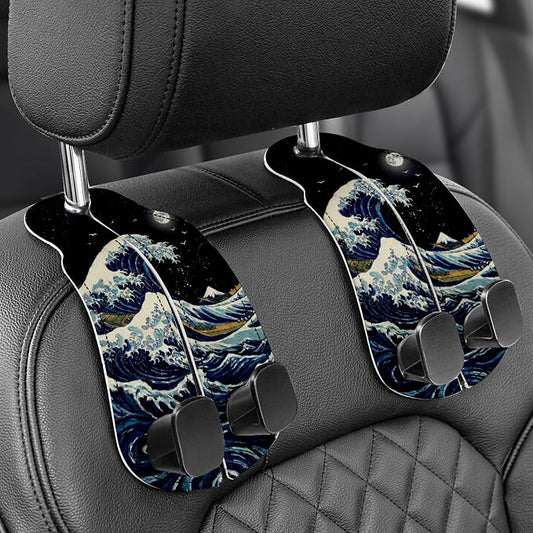 WOCOCN Purse Holder for Car, 2 Pack Heavy Duty Purse Hanger for Car, PU Leather Car Seat Hooks for Purses and Bags, Cute Wave Headrest Organizer for Handbags & Backpacks
