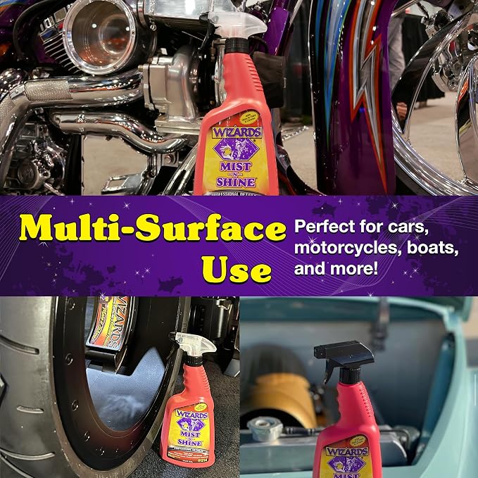 Wizards Mist-N-Shine Quick Detailer Spray - Waterless Wash - 8 oz | Anti-Static Formula for Paint, Chrome, Glass, Plastic, and Rubber Trim, Wax-Free, No Petroleum Solvents, Cars, Bikes, Boats