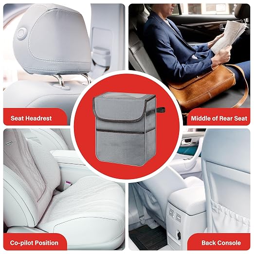Healsmart 2 Gallon Car Trash Can Lid and Storage Pockets, Leak-Proof Collapsible and Portable Organizer, Multipurpose Garbage Bin with Adjustable Straps, Grey
